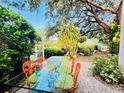 Relaxing patio with glass-top table, colorful chairs, and lush landscaping at 1108 Bayhead Ln, Osprey, FL 34229