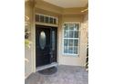 Front entry with dark brown door and sidelights, tile flooring, and storm door at 125 Amora Ave, Venice, FL 34285