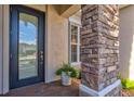Front entrance with dark blue door, stone column, and potted plant at 20175 Elegante Ct, Venice, FL 34293