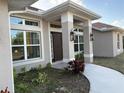 Modern house entrance with a dark brown door and white columns at 1699 Greentree Ave, North Port, FL 34286