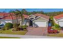 A beautifully landscaped single-story home with a brick paved driveway and tile roof under a blue sky at 11666 Parrotfish St, Venice, FL 34292