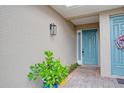 Front entry with teal door, wreath, and brick walkway at 1344 Ribolla Dr, Palm Harbor, FL 34683