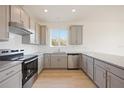 Modern kitchen with gray cabinets, granite countertops, and stainless steel appliances at 37736 Yukon Dr, Zephyrhills, FL 33540