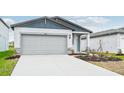 Curb appeal of a one-story house with gray siding and a gray garage door at 14048 Crutchfield Ct, Parrish, FL 34219