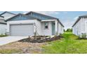 Front view of a one-story house with gray siding, gray garage door, and landscaping at 14048 Crutchfield Ct, Parrish, FL 34219