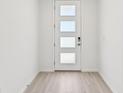 Modern white door with frosted glass panels and light wood-look tile flooring at 13859 Richland Gulf Cir, Parrish, FL 34219