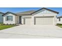 Two-car garage, light-colored house with gray accents, and a concrete driveway at 13859 Richland Gulf Cir, Parrish, FL 34219