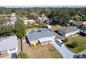 An aerial view showcasing a single-Gathering home with a pool and a large backyard at 1344 Springdale St, Clearwater, FL 33755