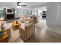 Open living area with kitchen island, fireplace, and new floors at 6826 San Jose Loop, New Port Richey, FL 34655