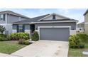 Gray exterior and neatly landscaped front yard add to the appeal of this one-story house at 9474 Sanders Park Pl, Seffner, FL 33584