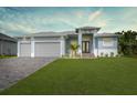 Two-story home with light blue exterior, two-car garage, and manicured lawn at 143 Long Meadow Ln, Rotonda West, FL 33947