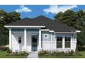 Architectural rendering of a charming one-story home with gray roof and light blue siding at 7316 Donnybrook Ln, Sarasota, FL 34240