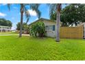 Side yard view of charming ranch home with lush lawn and palm trees at 8402 Bedford Ln, Tampa, FL 33615