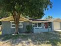 Ranch home with blue exterior, landscaping, and a large tree in the front yard at 10911 Oldham Rd, Port Richey, FL 34668