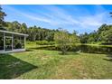 Beautiful view of the pond from the home's screened-in lanai and spacious, well-maintained backyard at 10954 May Apple Ct, Land O Lakes, FL 34638