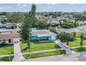 Bird's eye view of a turquoise house with a green lawn and neighborhood context at 2315 Nash St, Clearwater, FL 33765