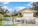 Charming single-story home featuring a two-car garage, stone accents, and a screened-in patio area at 14070 Amero Ln, Spring Hill, FL 34609