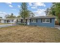 Front view of newly renovated blue house with lawn at 3612 W Leila Ave, Tampa, FL 33611