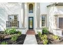 Front entrance with columns, a dark door, and brick walkway at 3405 Loggerhead Way, Wesley Chapel, FL 33544