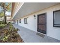 Exterior condo entrance with decorative door, and exterior lighting at 141 Lakeview Way, Oldsmar, FL 34677