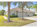 Three-unit building showcasing attached garages and neatly trimmed hedges at 4427 Ashton Meadows Way, Wesley Chapel, FL 33543