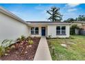 Newly built home with a landscaped front yard and a blue front door at 14813 Oak Vine Dr, Lutz, FL 33559