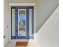 Blue front door with glass panels and a welcome mat at 8321 Sky Eagle Dr, Tampa, FL 33635