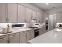 Spacious kitchen with white cabinets, quartz countertops, and stainless steel appliances at 13813 Sharp Hawk Dr, Riverview, FL 33569