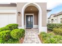Elegant front entrance with arched entryway and stone pathway at 4155 Barletta Ct, Wesley Chapel, FL 33543