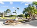 Camelot community entrance with palm trees and flowering plants at 19346 Garden Quilt Cir, Lutz, FL 33558