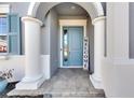 Welcoming front entry with a blue door and arched entryway at 13307 Fawn Lily Dr, Riverview, FL 33579