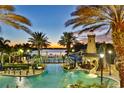 Resort-style pool with a waterslide, lighted at night, palm trees, and sunset views at 727 Winterside Dr, Apollo Beach, FL 33572