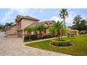 Tan house with palm trees, driveway, and landscaped yard at 1655 Canopy Oaks Blvd, Palm Harbor, FL 34683