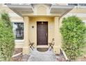 Inviting front entrance with two chairs, a sun decoration, and well-manicured shrubs at 10817 Keys Gate Dr, Riverview, FL 33579