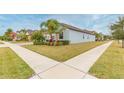 Side view of a house with gray siding, landscaping, and sidewalk at 11714 Sunburst Marble Rd, Riverview, FL 33579