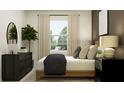 Bedroom with wood bed frame, dark dresser and neutral decor at 13008 Calcite Blue Ave, Wimauma, FL 33598