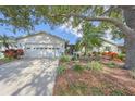White house with attached garage, lush landscaping, and large shade tree in front at 1318 Leland Dr, Sun City Center, FL 33573