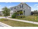 Two-story house with gray siding, landscaping, and a paved driveway at 18079 Ramble On Way, Land O Lakes, FL 34638