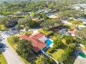 Aerial view of home, pool, and surrounding neighborhood at 2430 Roberta Ln, Clearwater, FL 33764