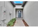 Front entry with gray door and brick walkway at 31428 Briars Ml, San Antonio, FL 33576