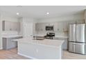 Modern kitchen with gray cabinets, quartz countertops, and stainless steel appliances at 14729 Summer Branch Dr, Lithia, FL 33547