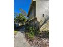 Side view of the townhome showing additional landscaping and a walkway at 7634 Desoto Ct, Tampa, FL 33615