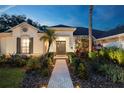 Well-lit entrance with brick walkway and lush landscaping at 6020 Kestrel Point Ave, Lithia, FL 33547