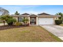 Single-story house with a two-car garage and palm trees at 1700 Hibiscus N Cir, Oldsmar, FL 34677