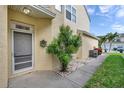 Front entrance with grey door, screen, and landscaping at 1050 Starkey Rd # 2701, Largo, FL 33771