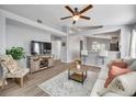 Bright living room with light colored couch and wood-look floors at 11310 Palm Island Ave, Riverview, FL 33569