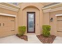 Elegant front entryway showcasing a decorative glass door and manicured bushes at 6307 Brevada Ln, Apollo Beach, FL 33572