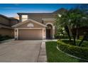 Two-story house with a two-car garage and landscaped front yard at night at 3795 Morgons Castle Ct, Land O Lakes, FL 34638