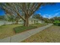 Side yard view of the house with a large tree and sidewalk at 12459 104Th Ter, Largo, FL 33778