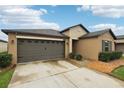 Tan house with gray garage door and landscaping; nice curb appeal at 13230 Wildflower Meadow Dr, Riverview, FL 33579